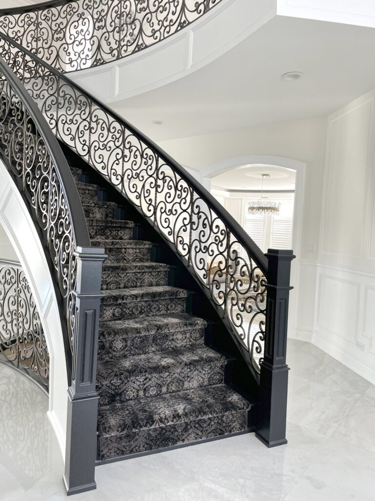 French Country wrought iron railings painted flat black in Oak Brook