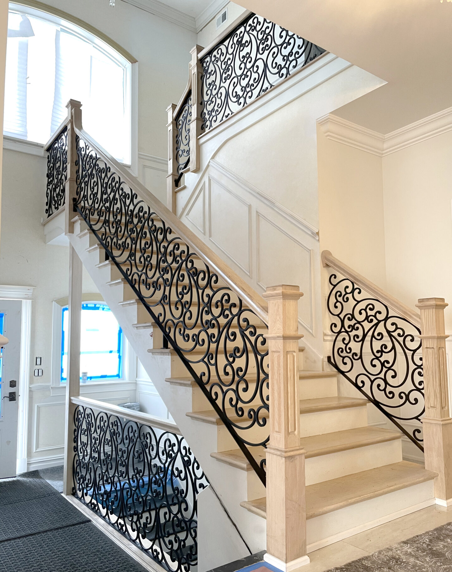 Custom wrought iron railings french country painted flat black staircase and railing side view