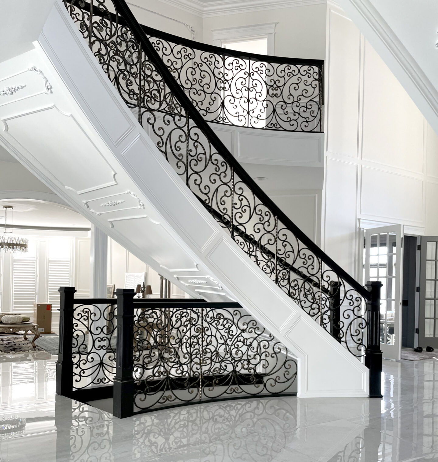 Custom wrought iron railings french country painted flat black staircase and railing view