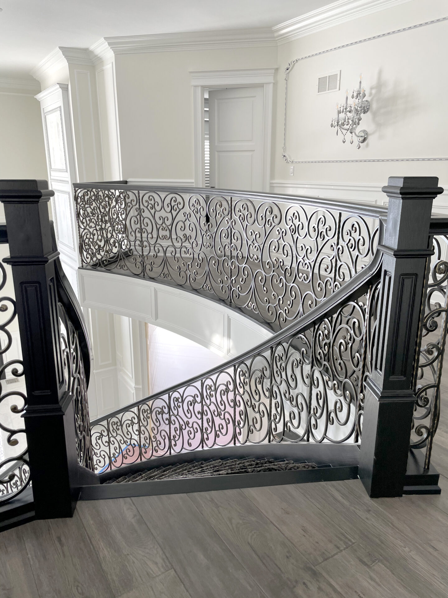 Custom wrought iron railings french country painted flat black staircase top entrance