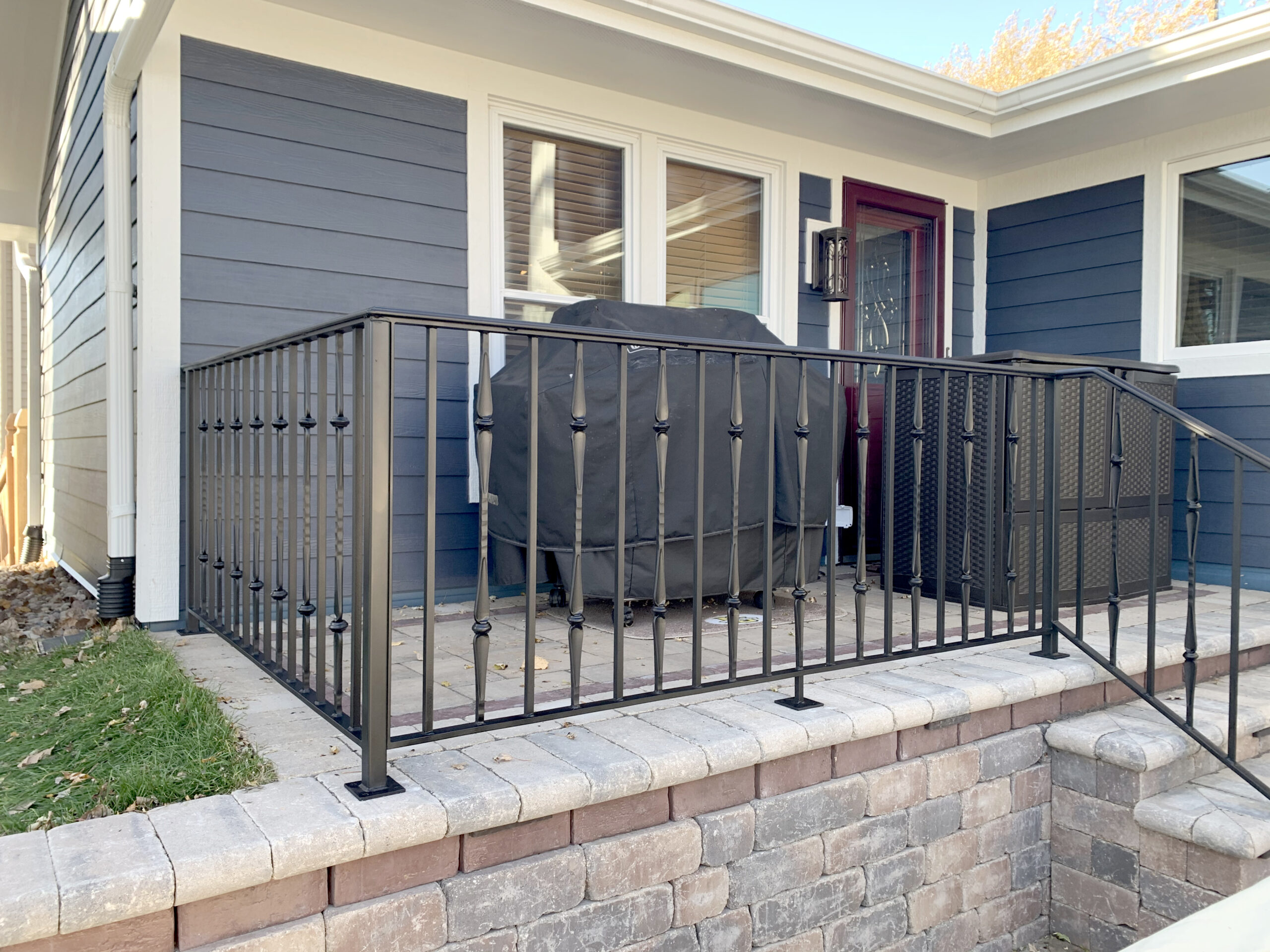 French Country wrought iron railings painted satin black in Madison Signature Metal Works
