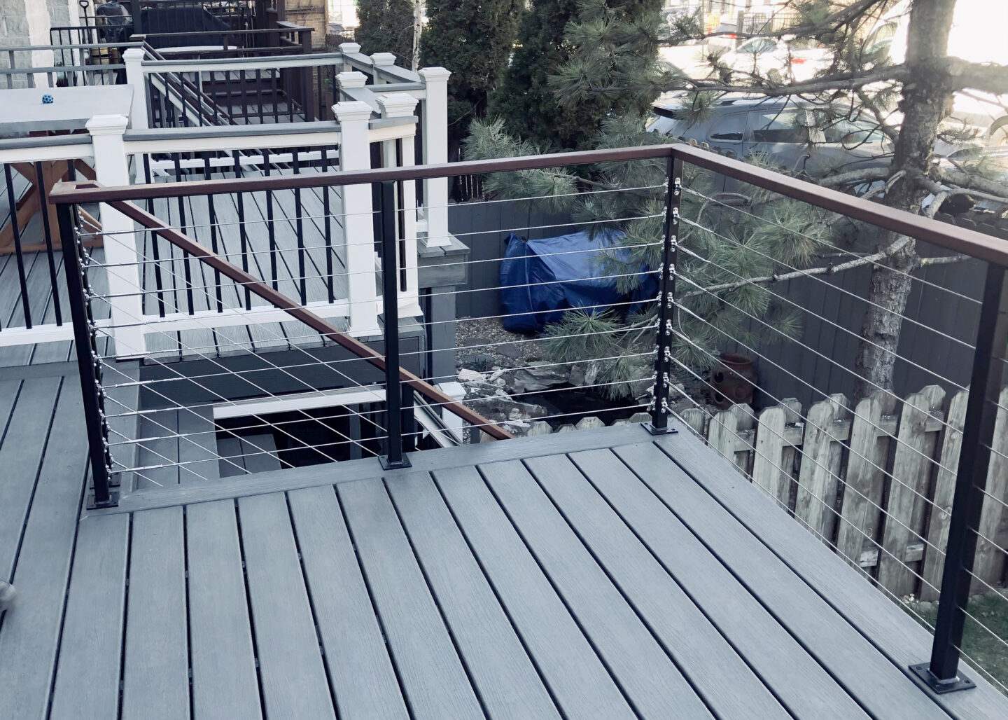 Custom wrought iron & wood & cable railings modern painted satin black deck
