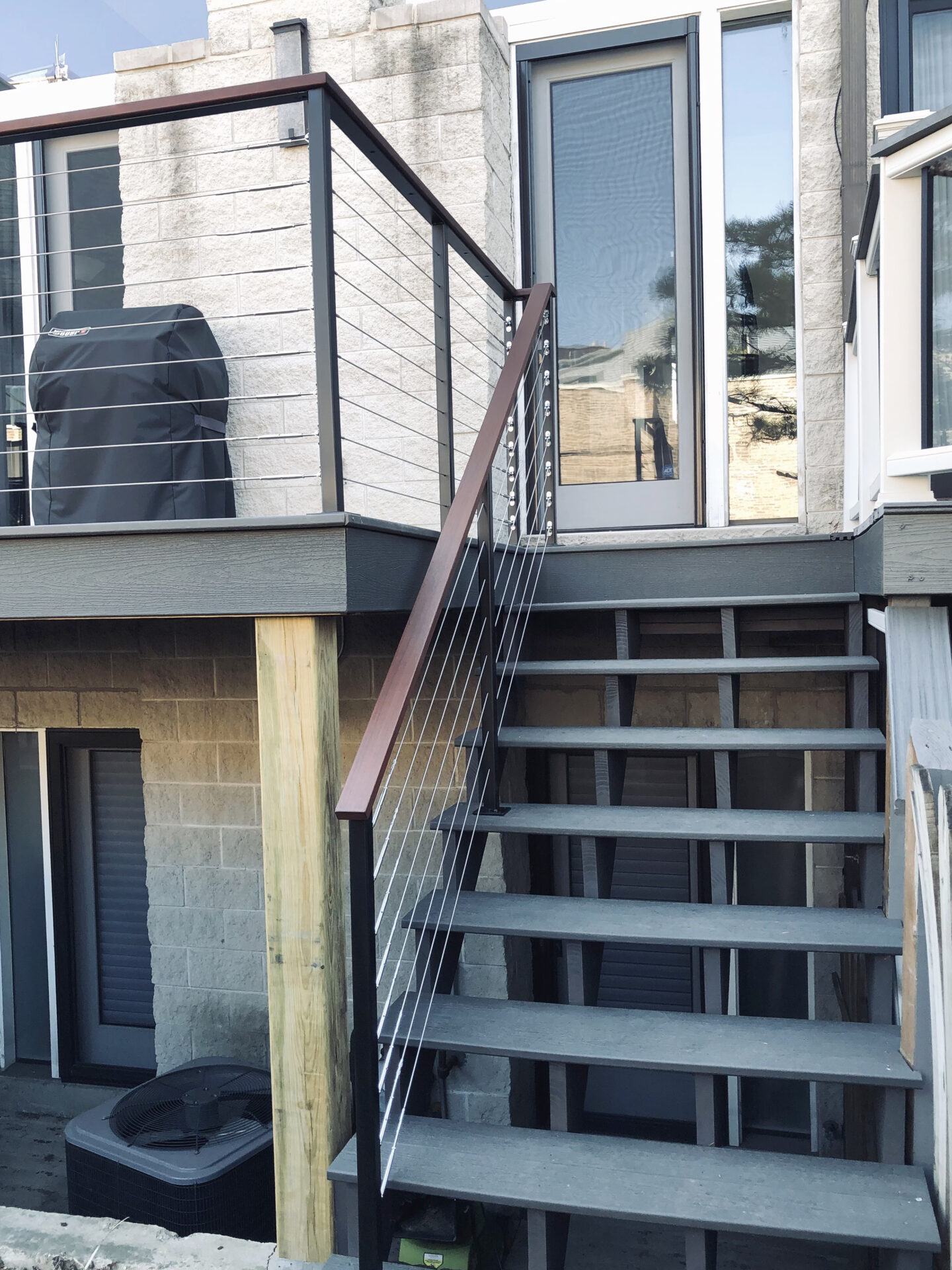 Custom wrought iron & wood & cable railings modern painted satin black outside stairs