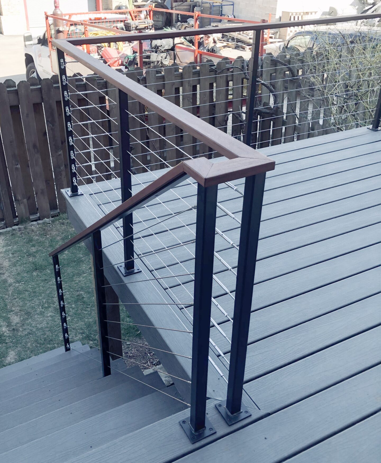 Modern wrought iron & wood & cable railings painted satin black in ...