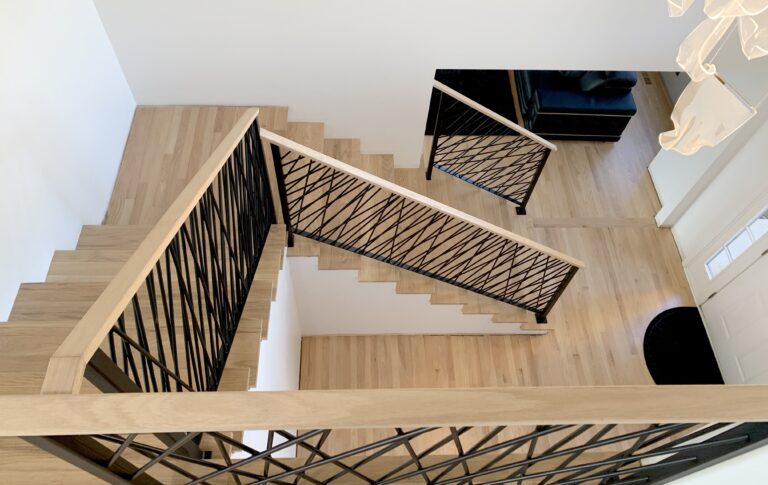 Custom wrought iron & wood railings art deco painted satin black top full view