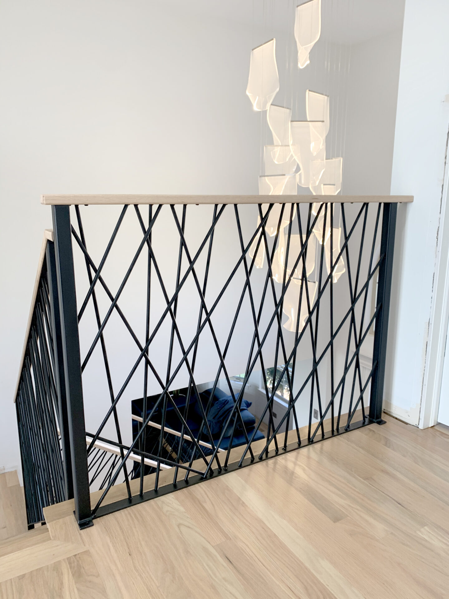 Custom wrought iron & wood railings art deco painted satin black top view