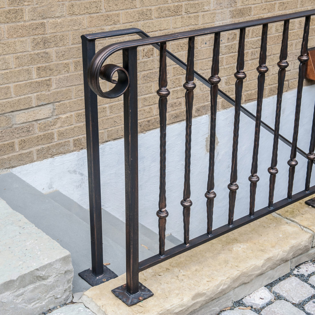 Custom Rustic Wrought Iron Collar Railings Painted Copper Evanston 1104x1104 