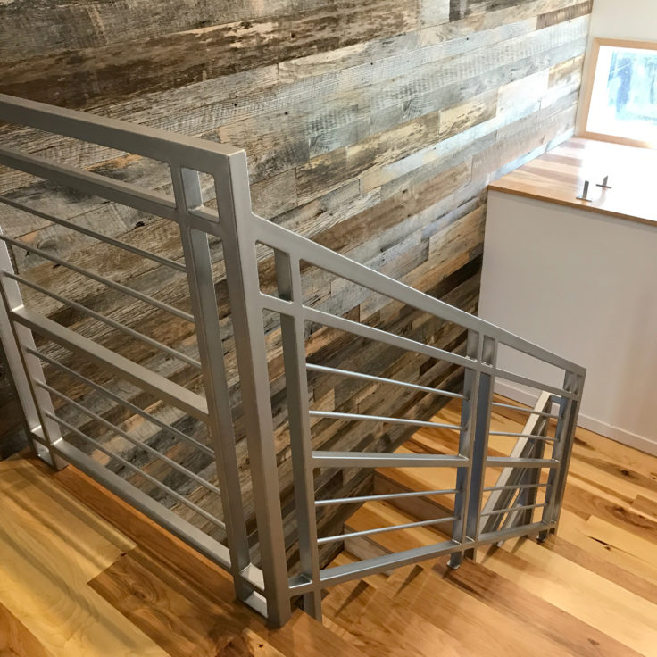 Custom urban modern wrought iron horizontal bar railings painted silver for a client in Western Springs