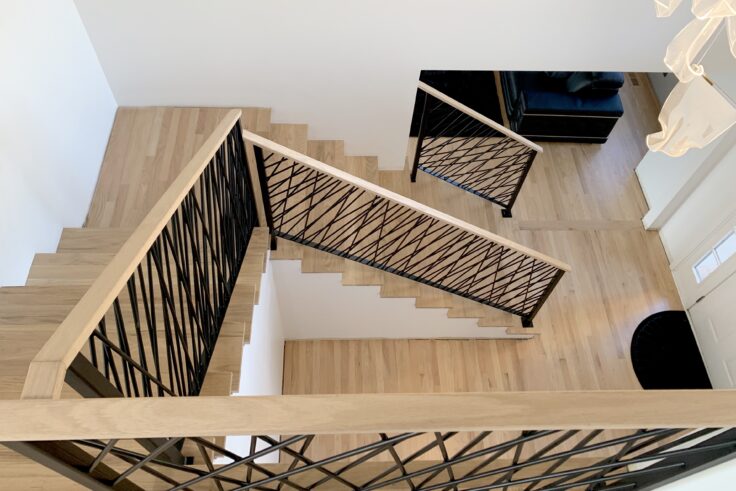 Custom wrought iron & wood railings art deco painted satin black top full view